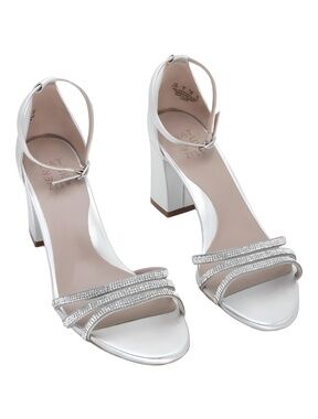 Naturalizer Womens Heidi 2 Silver Rhinestone Block Heel Sandals Size 8.5M